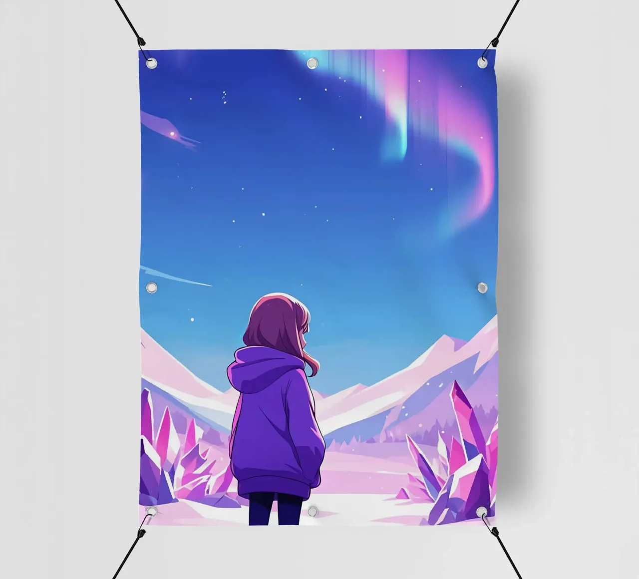Un ragazzo in piedi nella terra dei cristalli sotto l'Aurora Lofi Art telo in pvc da LoFi Gallery