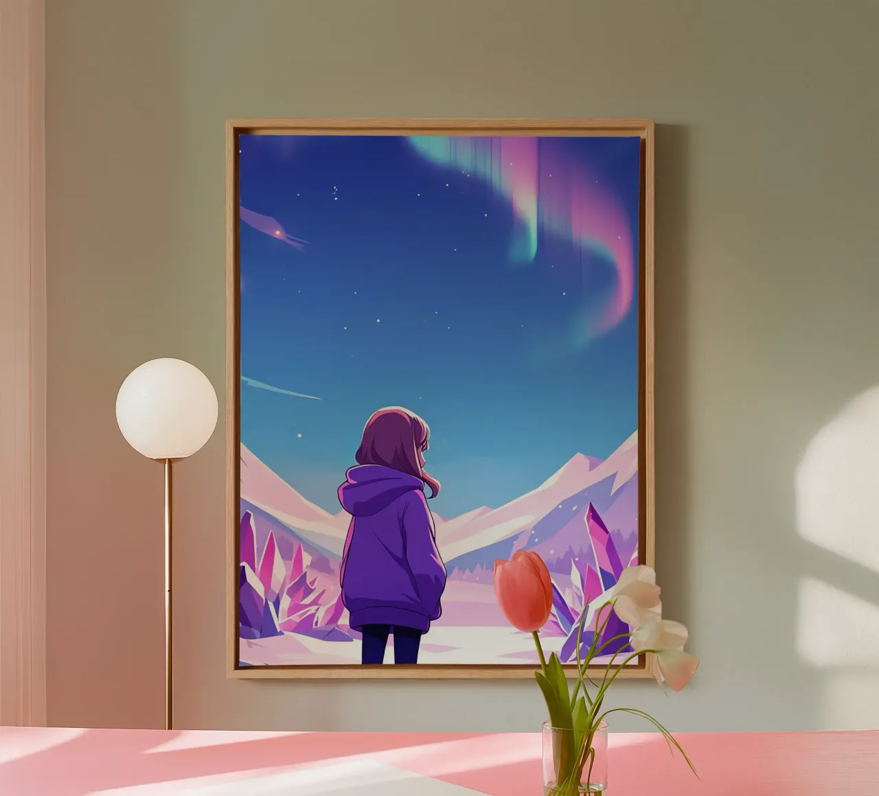 Un ragazzo in piedi nella terra dei cristalli sotto l'Aurora Lofi Art tela con Cornice a cassetta da LoFi Gallery