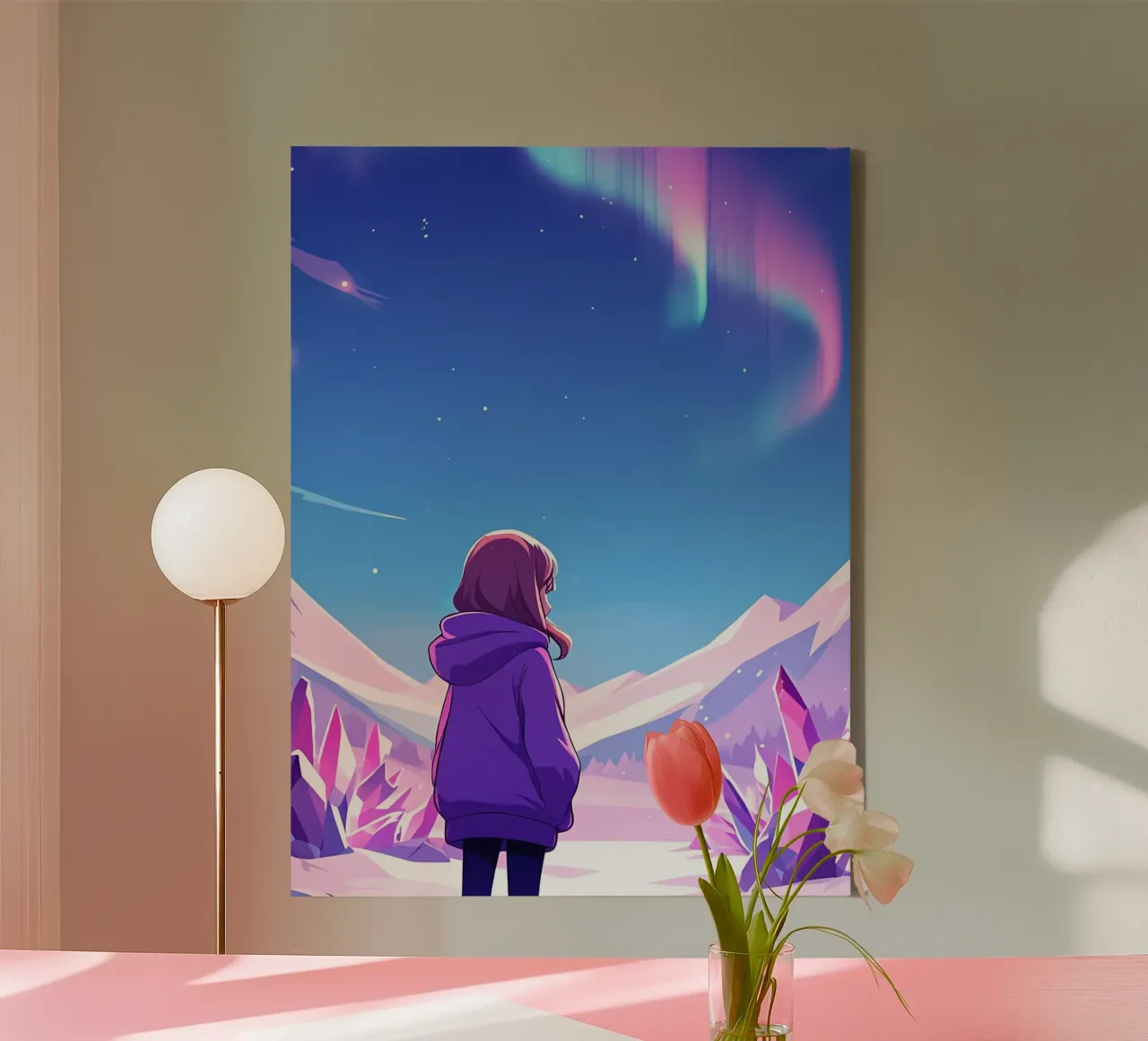 Un ragazzo in piedi nella terra dei cristalli sotto l'Aurora Lofi Art tela con Cornice a cassetta da LoFi Gallery