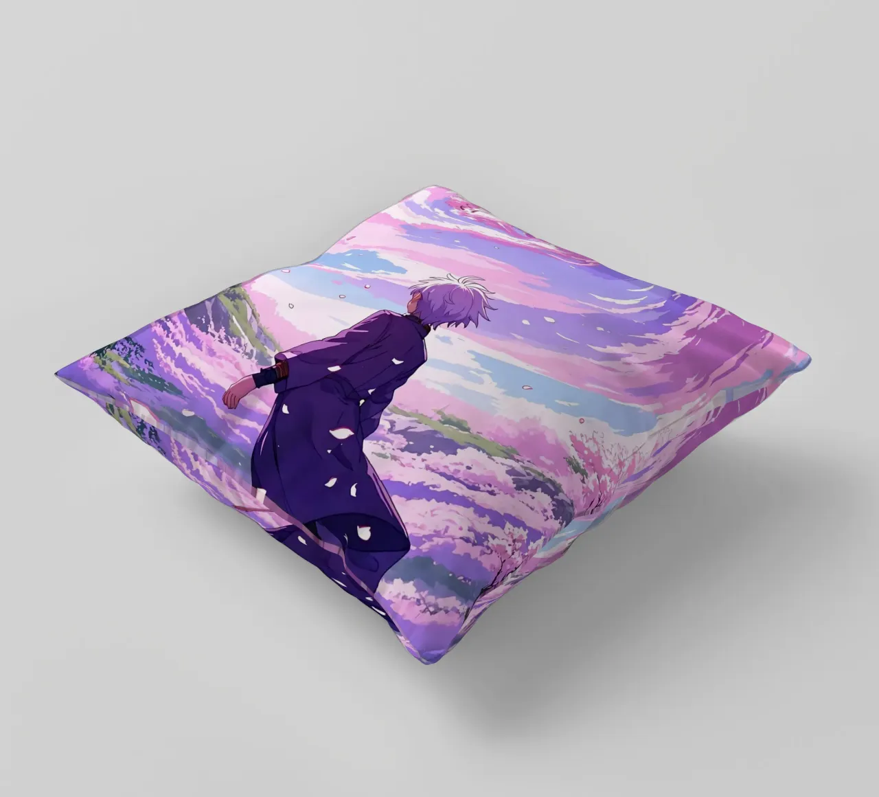 Un niño frente a la tormenta de cerezos en flor en el país de los sueños Lofi Art cojín de LoFi Gallery