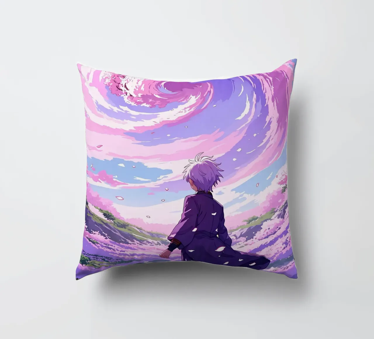 Un niño frente a la tormenta de cerezos en flor en el país de los sueños Lofi Art cojín de LoFi Gallery