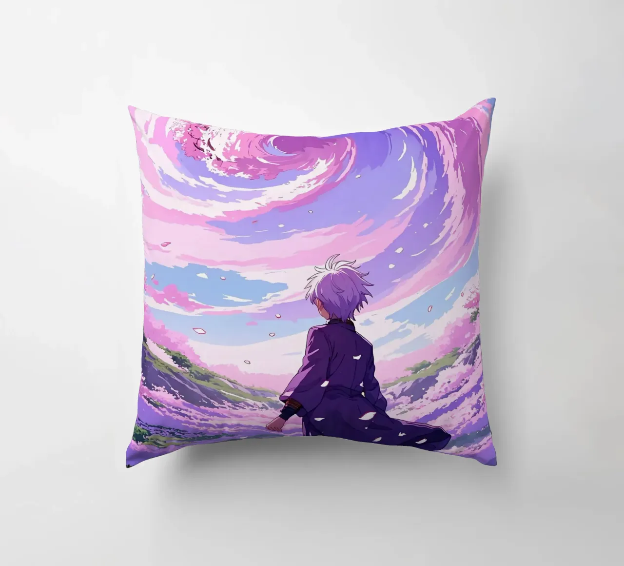 Un niño frente a la tormenta de cerezos en flor en el país de los sueños Lofi Art cojín de LoFi Gallery