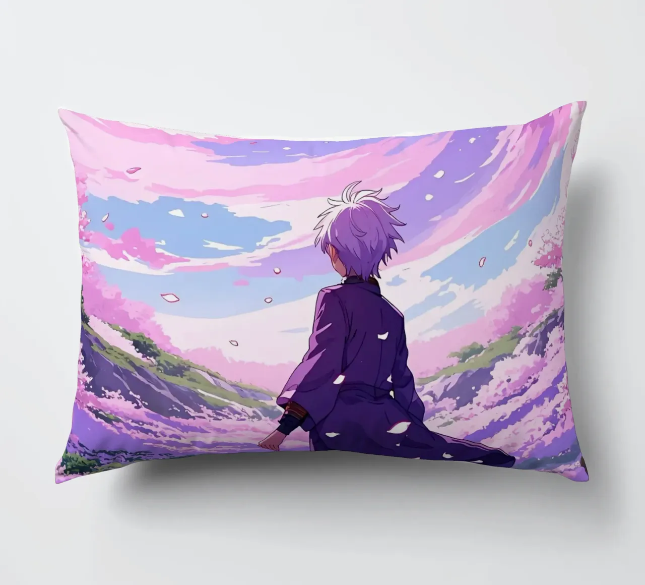 Un niño frente a la tormenta de cerezos en flor en el país de los sueños Lofi Art cojín de LoFi Gallery