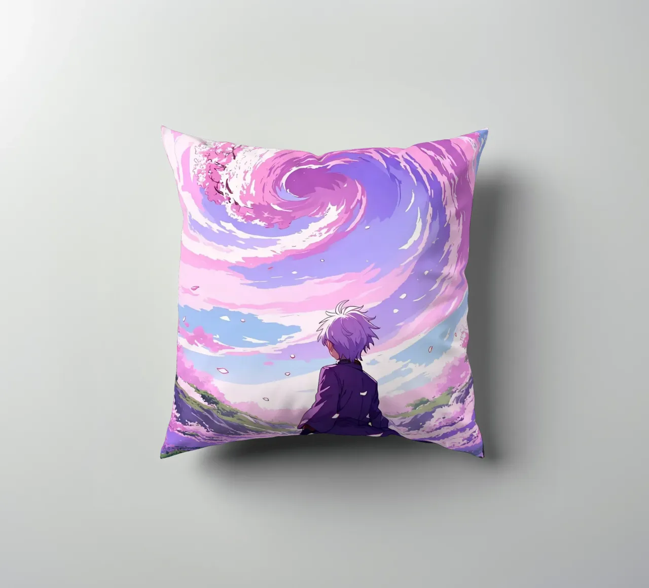 Un niño frente a la tormenta de cerezos en flor en el país de los sueños Lofi Art cojín de LoFi Gallery