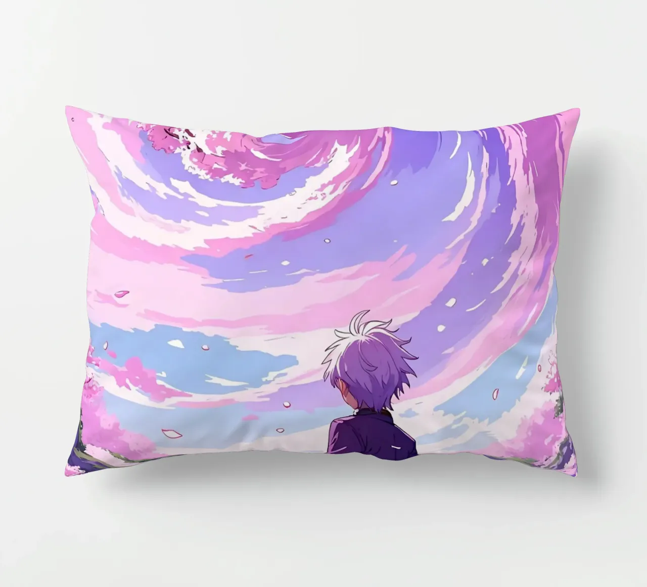 Un niño frente a la tormenta de cerezos en flor en el país de los sueños Lofi Art cojín de LoFi Gallery