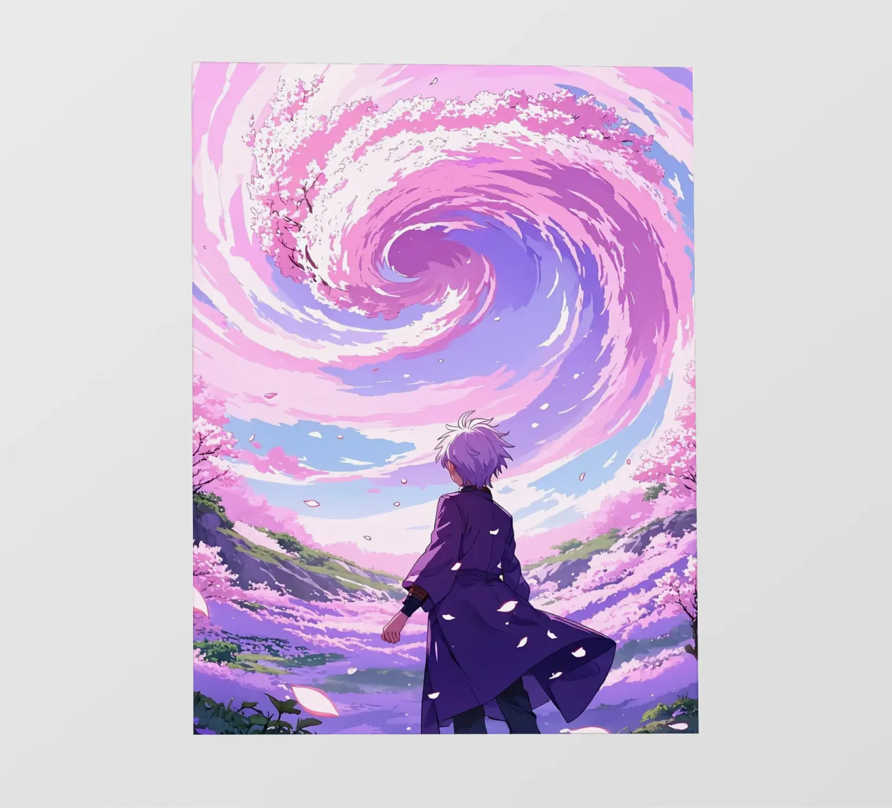 Un ragazzo che affronta la tempesta di fiori di ciliegio nel paese dei sogni Lofi Art pellicola backlit da LoFi Gallery