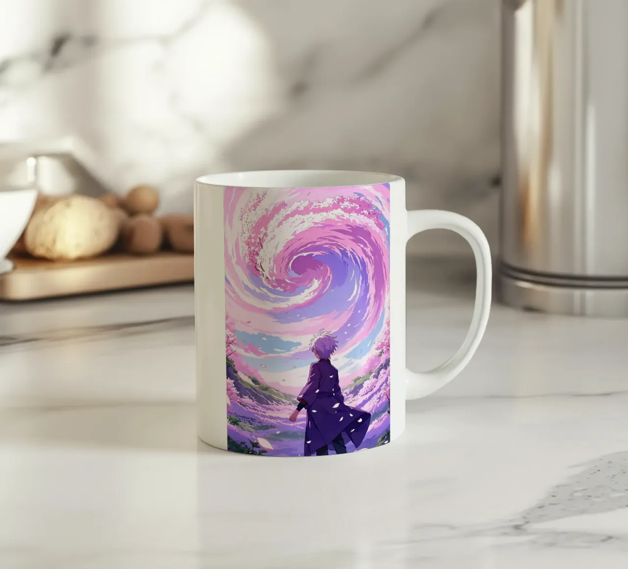 Un ragazzo che affronta la tempesta di fiori di ciliegio nel paese dei sogni Lofi Art tazza in ceramica da LoFi Gallery