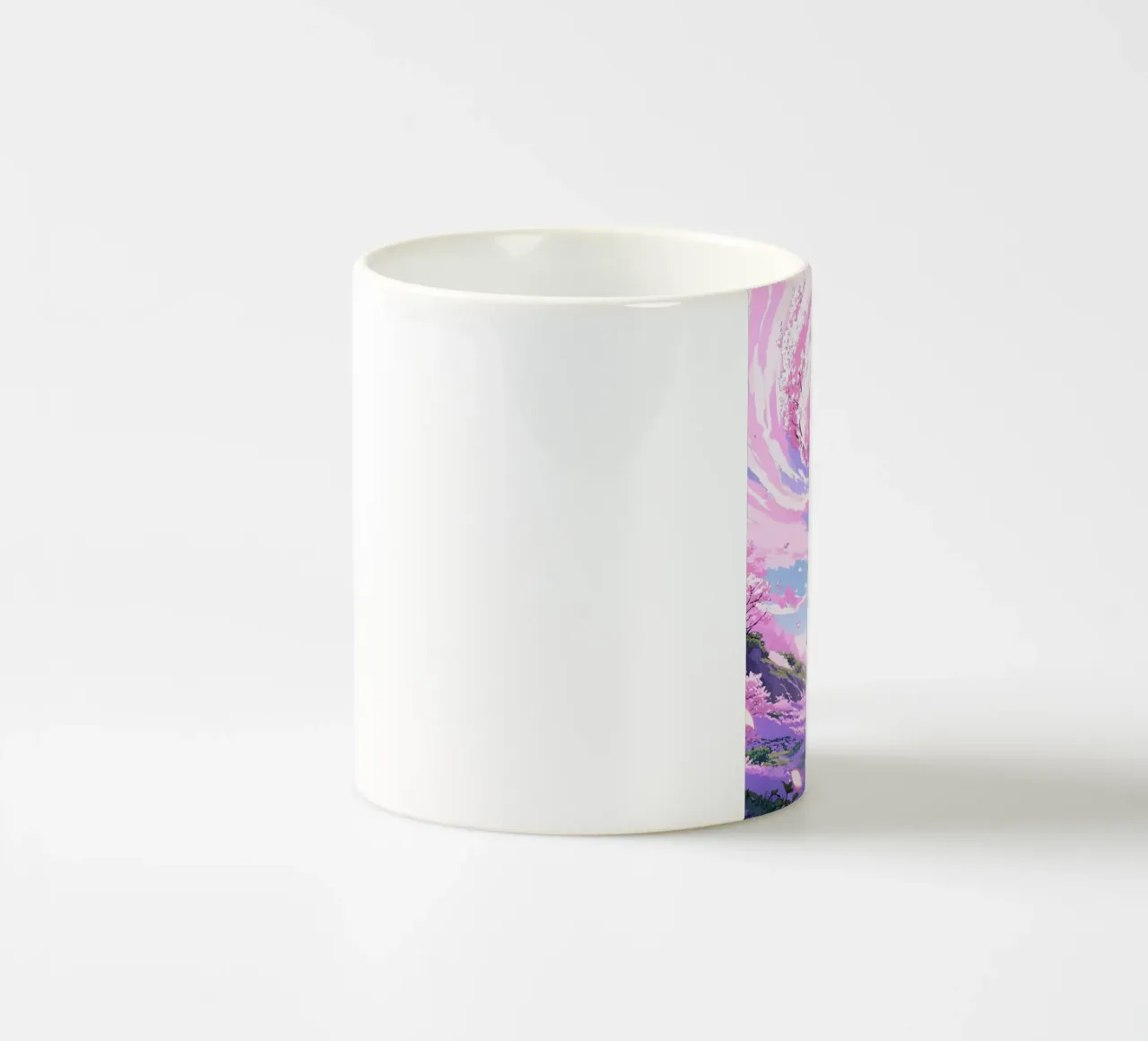 Un ragazzo che affronta la tempesta di fiori di ciliegio nel paese dei sogni Lofi Art tazza in ceramica da LoFi Gallery