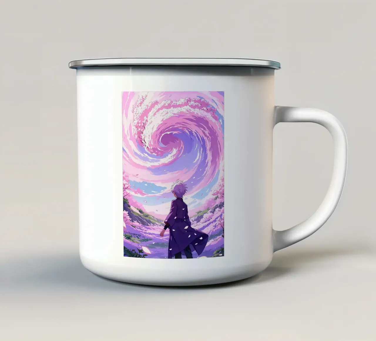 Un ragazzo che affronta la tempesta di fiori di ciliegio nel paese dei sogni Lofi Art tazza in smalto da LoFi Gallery