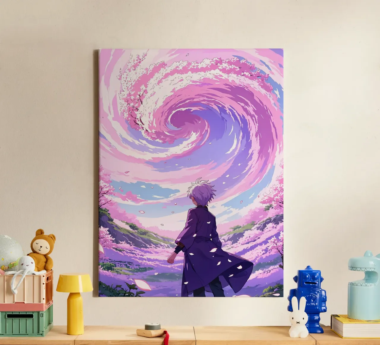 Een jongen geconfronteerd met kersenbloesem storm in dromenland Lofi Art canvas met Baklijst van LoFi Gallery