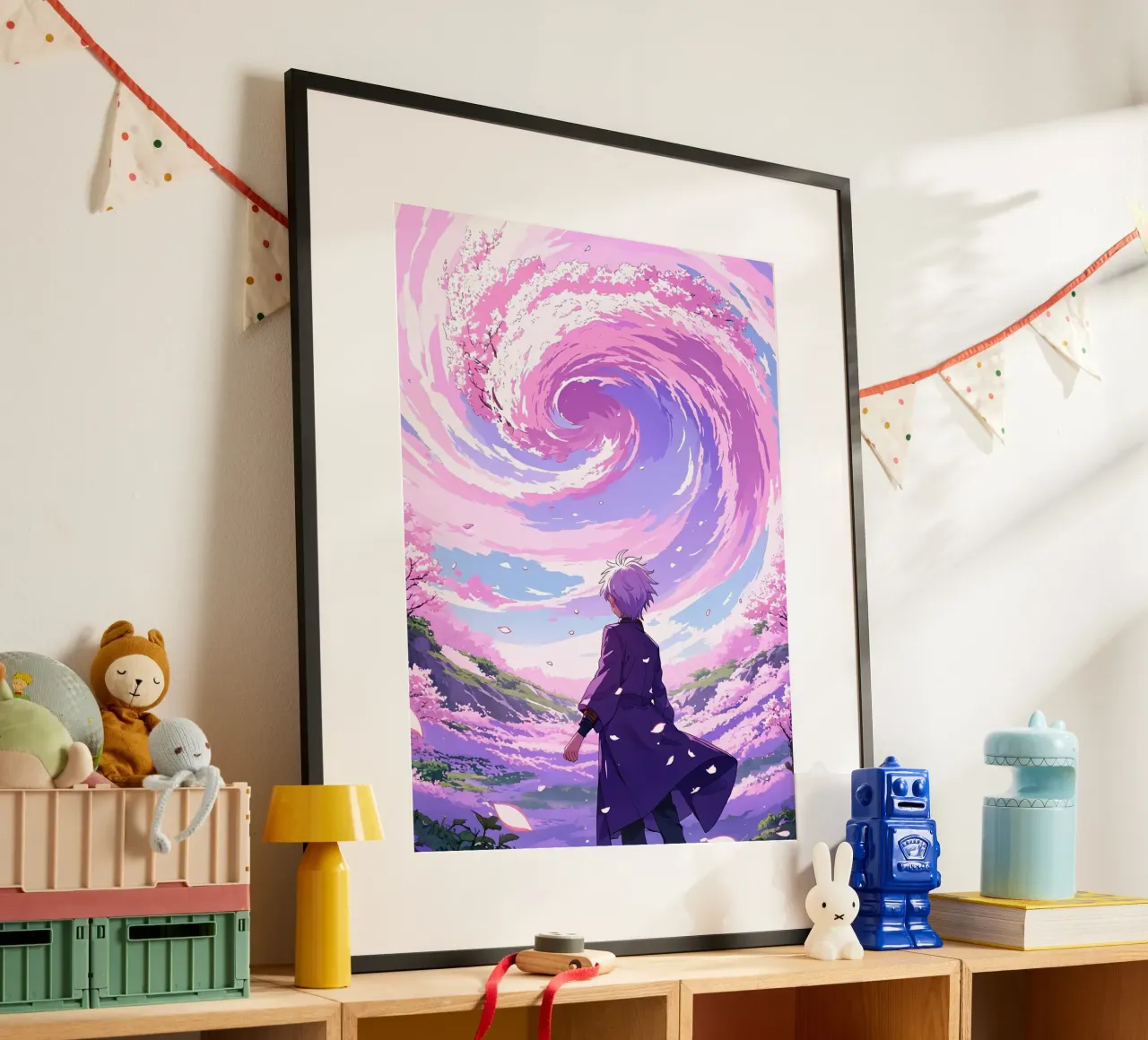 Un ragazzo che affronta la tempesta di fiori di ciliegio nel paese dei sogni Lofi Art poster con telaio in legno da LoFi Gallery