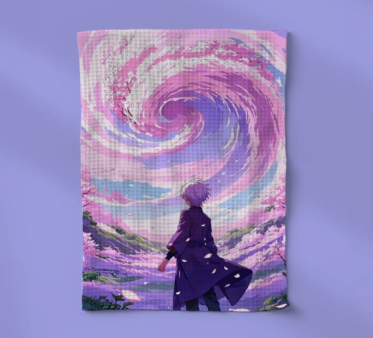 Un garçon face à une tempête de fleurs de cerisier au pays des rêves Lofi Art torchon de LoFi Gallery
