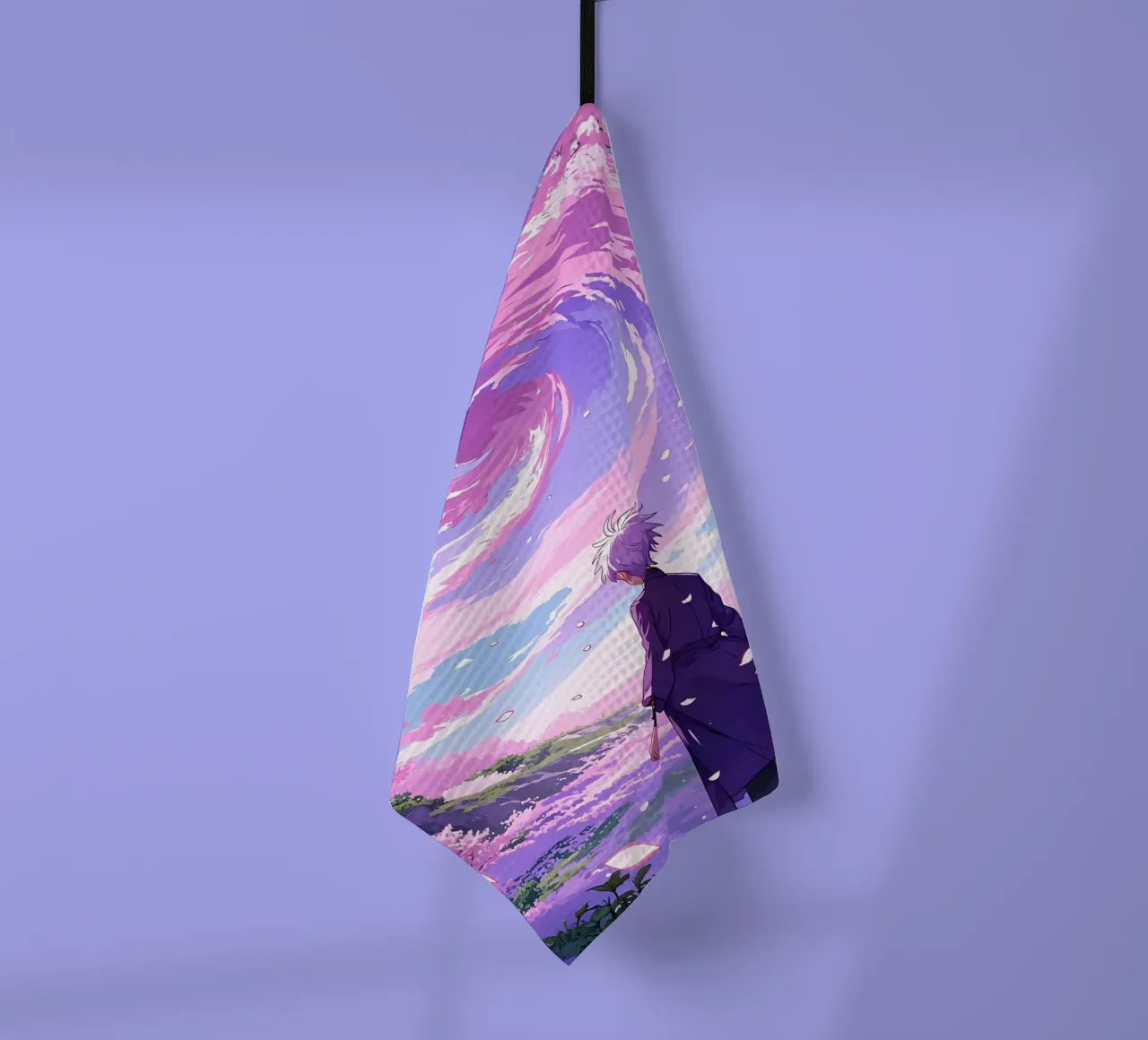 Un garçon face à une tempête de fleurs de cerisier au pays des rêves Lofi Art torchon de LoFi Gallery