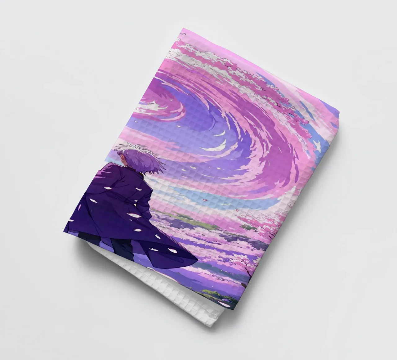 Un garçon face à une tempête de fleurs de cerisier au pays des rêves Lofi Art torchon de LoFi Gallery