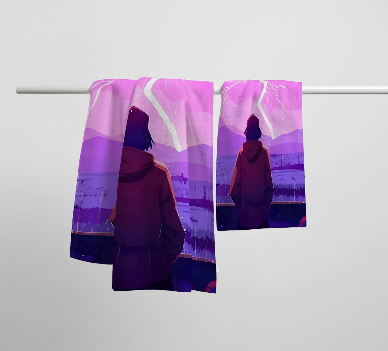 A Girl Looking A Lightning Strike From Glass Window Lofi Art towel by LoFi Gallery