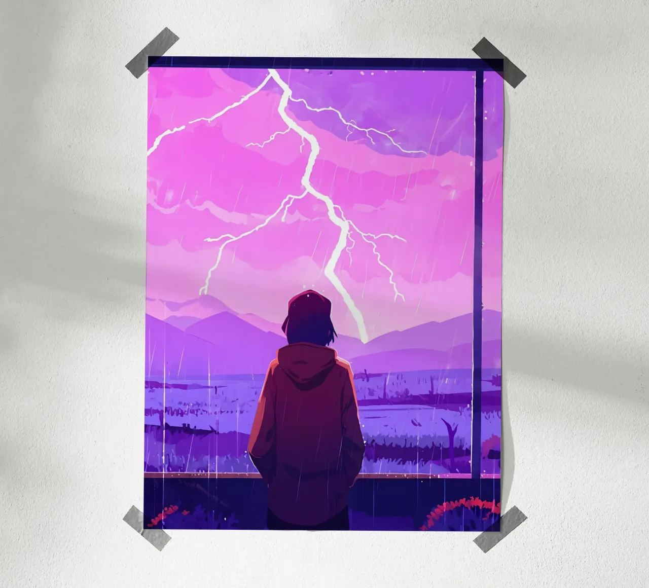 A Girl Looking A Lightning Strike From Glass Window Lofi Art hahnemühle by LoFi Gallery