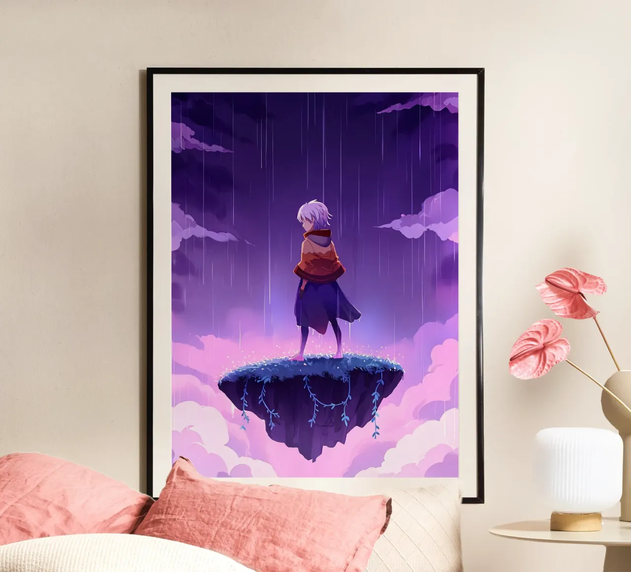 Ein Mädchen, das auf einer schwimmenden Insel im Traumland steht Lofi Art Hahnemühle von LoFi Gallery