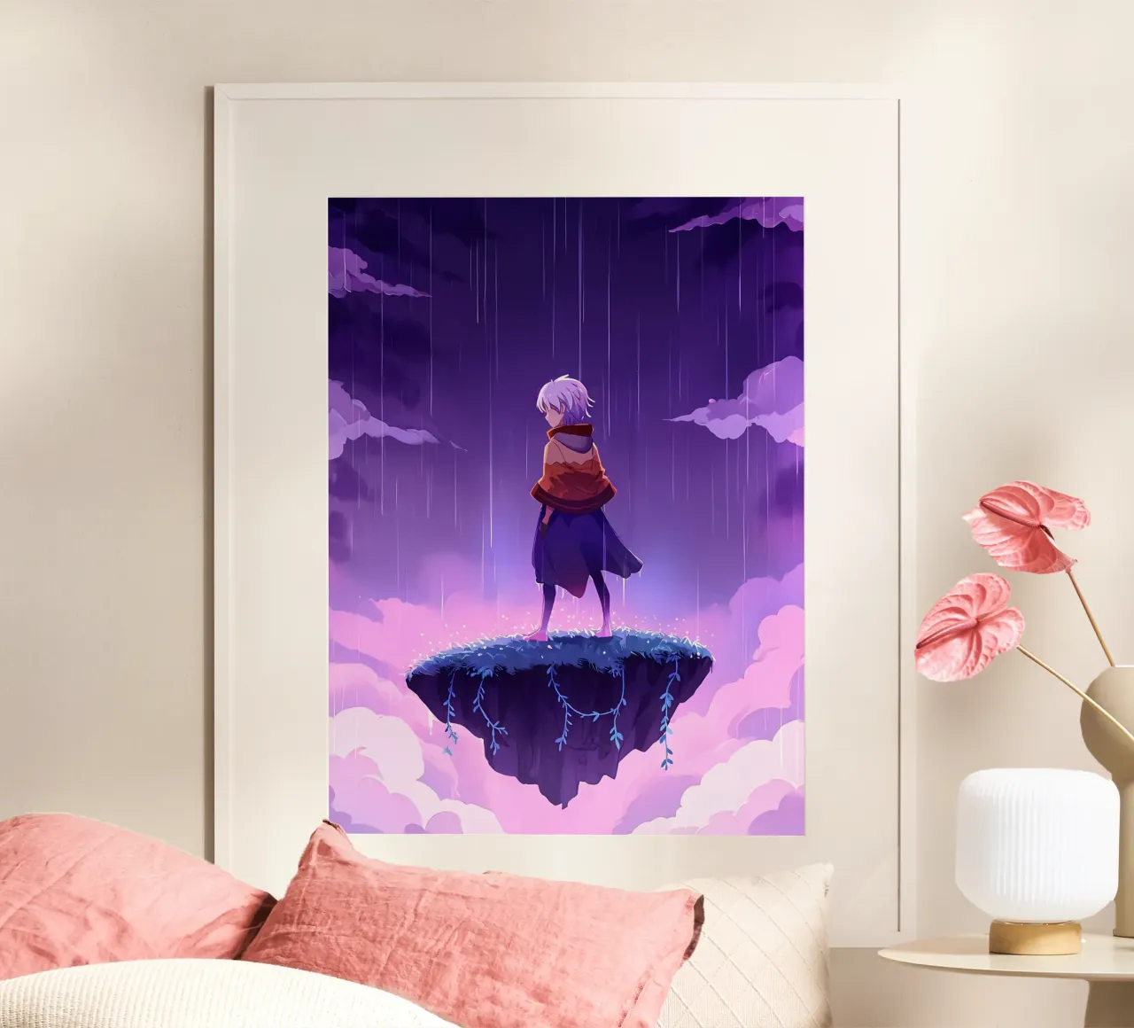 Ein Mädchen, das auf einer schwimmenden Insel im Traumland steht Lofi Art Hahnemühle von LoFi Gallery