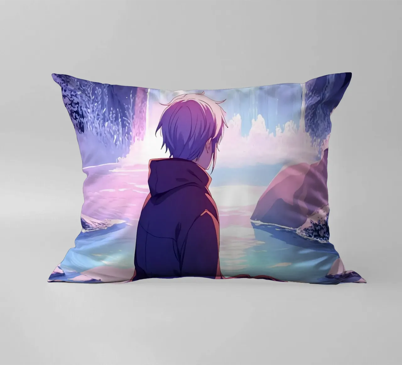 Un ragazzo seduto vicino alla cascata arcobaleno Lofi Art cuscino da LoFi Gallery
