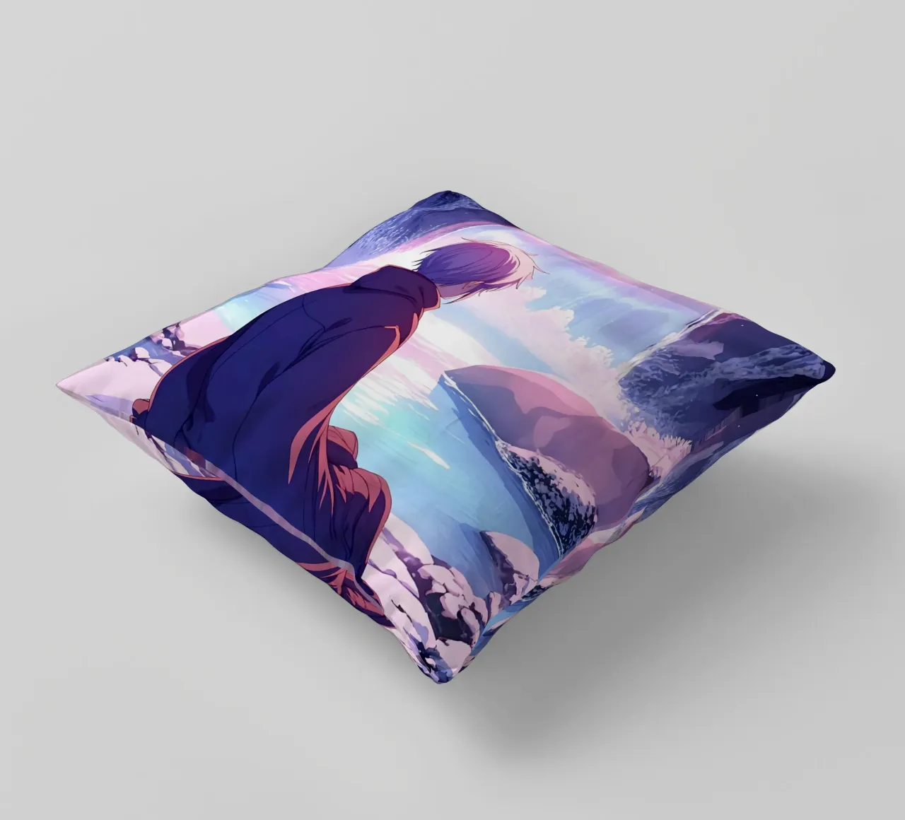 Un ragazzo seduto vicino alla cascata arcobaleno Lofi Art cuscino da LoFi Gallery