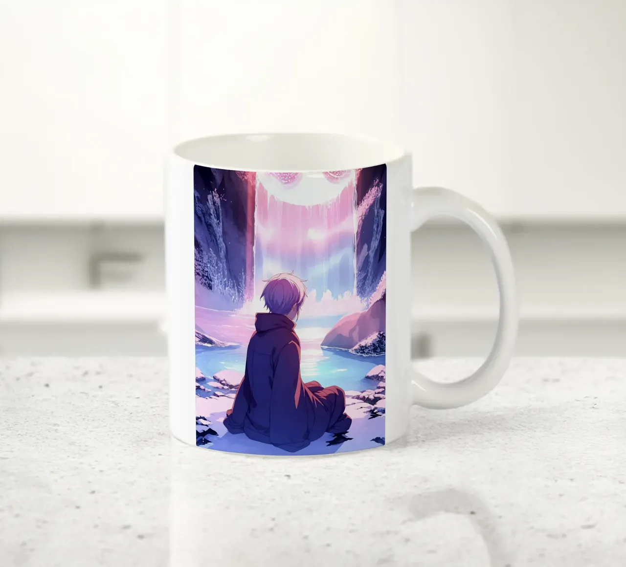 Ein Junge sitzt in der Nähe des Regenbogens Wasserfall Lofi Kunst Keramik Tasse von LoFi Gallery