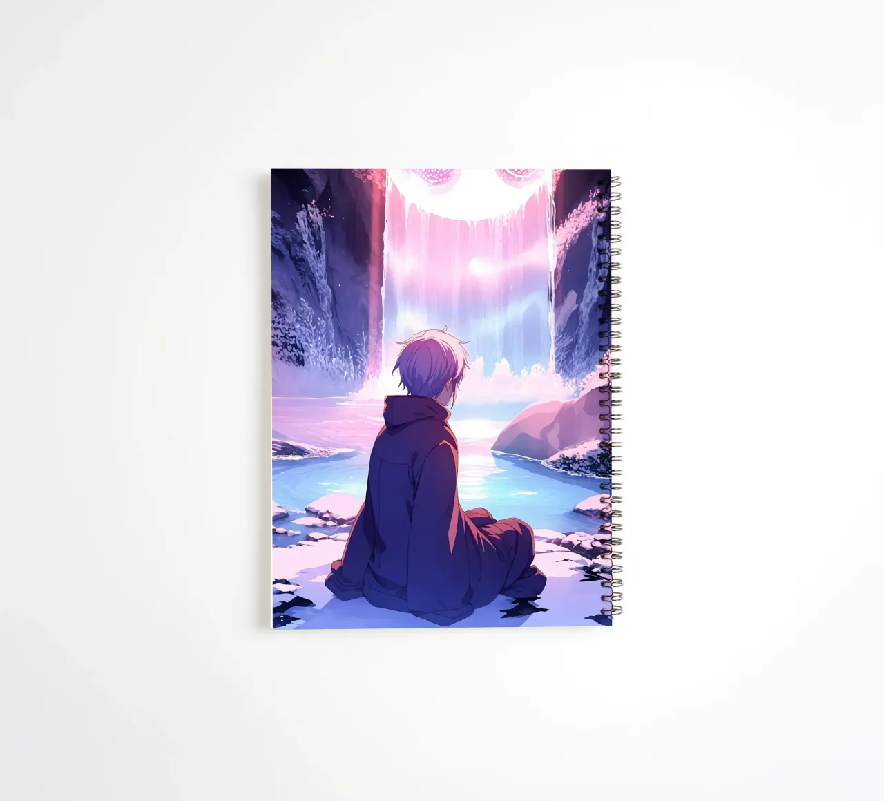 Ein Junge sitzt in der Nähe des Regenbogens Wasserfall Lofi Kunst Ringbuch von LoFi Gallery