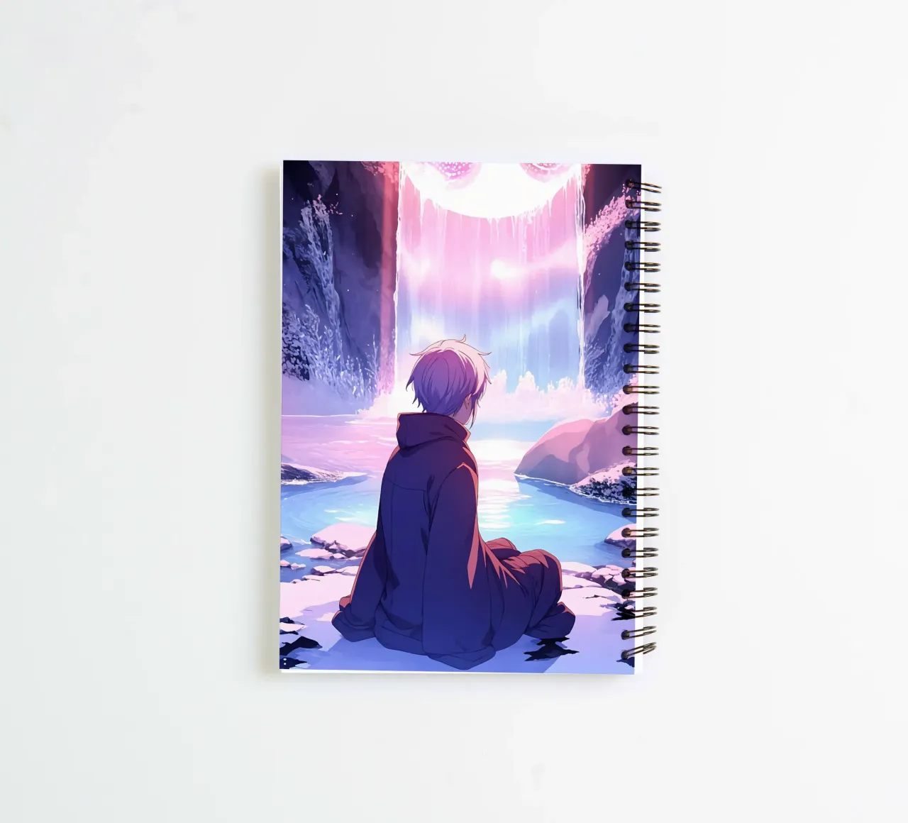 Ein Junge sitzt in der Nähe des Regenbogens Wasserfall Lofi Kunst Ringbuch von LoFi Gallery