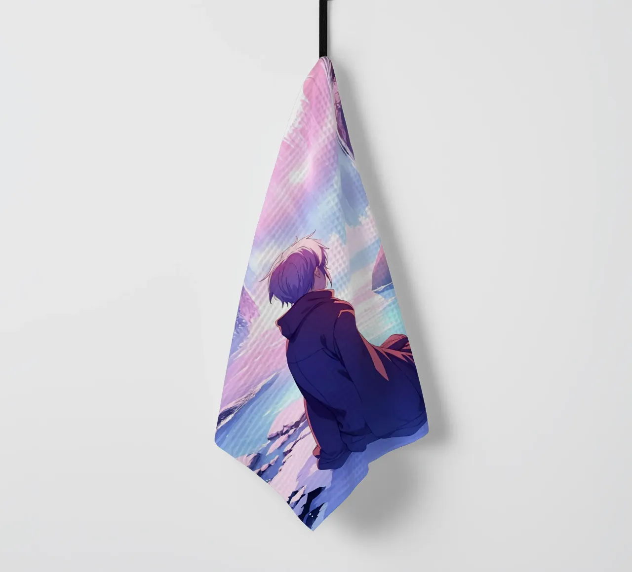 Un ragazzo seduto vicino alla cascata arcobaleno Lofi Art canovaccio da cucina da LoFi Gallery