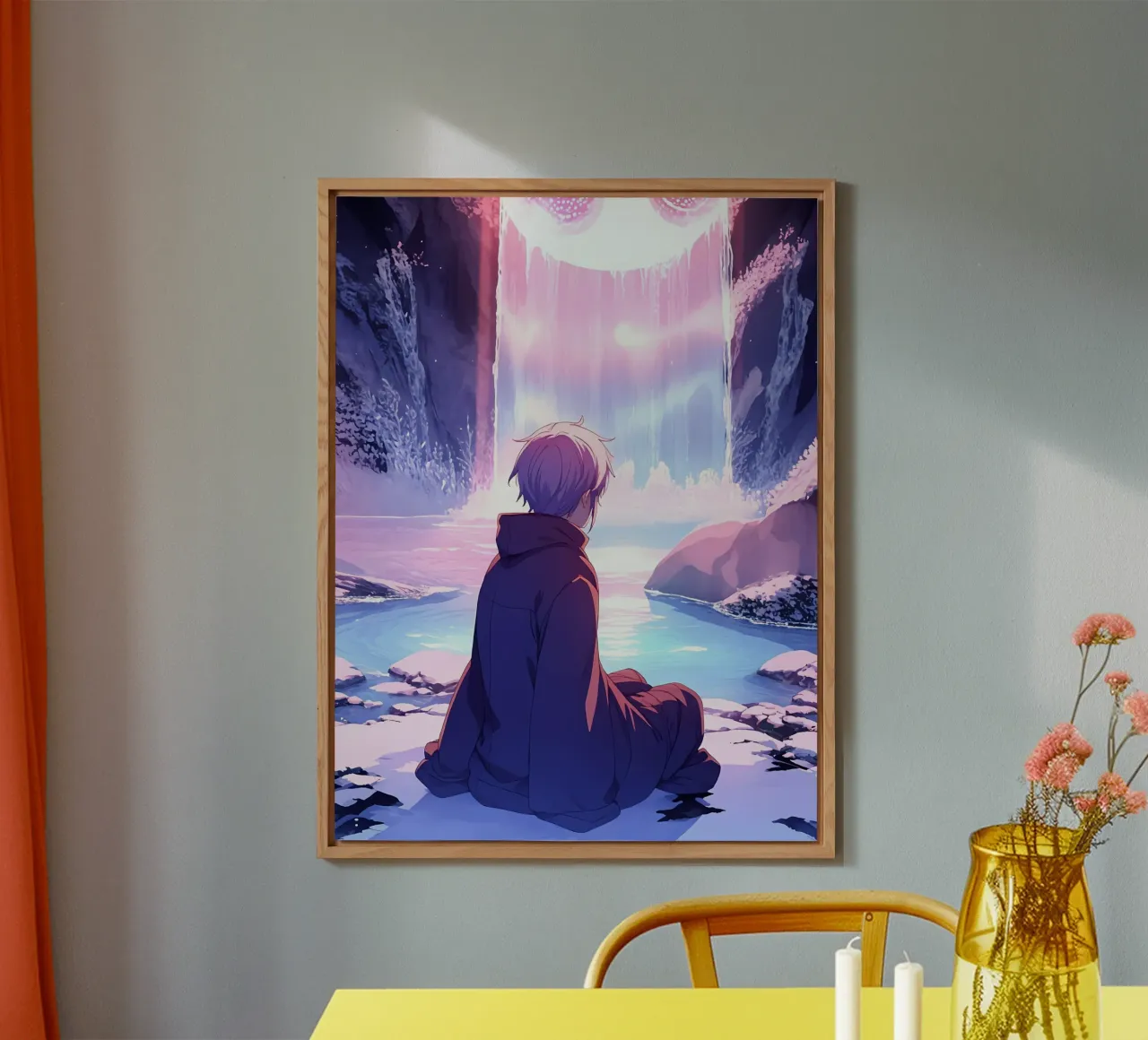 Ein Junge sitzt in der Nähe des Regenbogens Wasserfall Lofi Kunst Alu-Dibond von LoFi Gallery