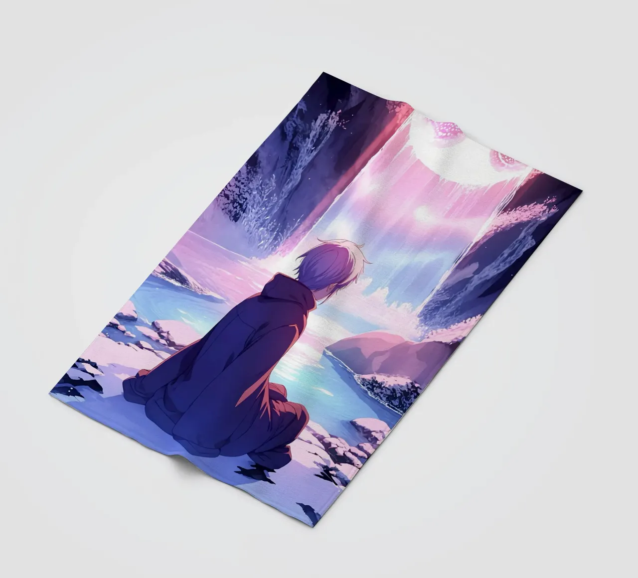 Ein Junge sitzt in der Nähe des Regenbogens Wasserfall Lofi Kunst Fleecedecke von LoFi Gallery