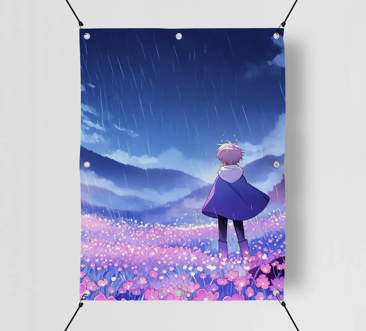 Un garçon marchant dans un champ de fleurs lumineuses Lofi Art bâche pvc de LoFi Gallery