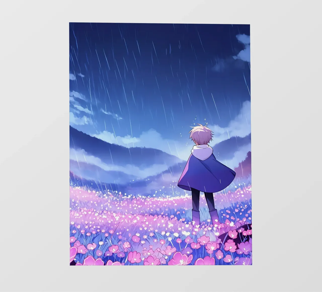 Un garçon marchant dans un champ de fleurs lumineuses Lofi Art bâche pvc de LoFi Gallery