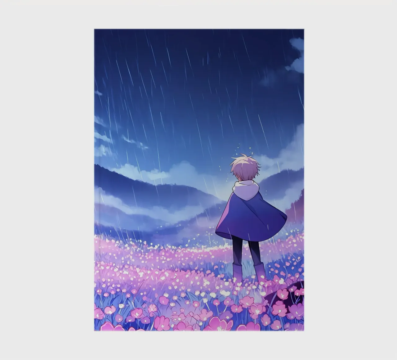 Un garçon marchant dans un champ de fleurs lumineuses Lofi Art carnet de notes de LoFi Gallery