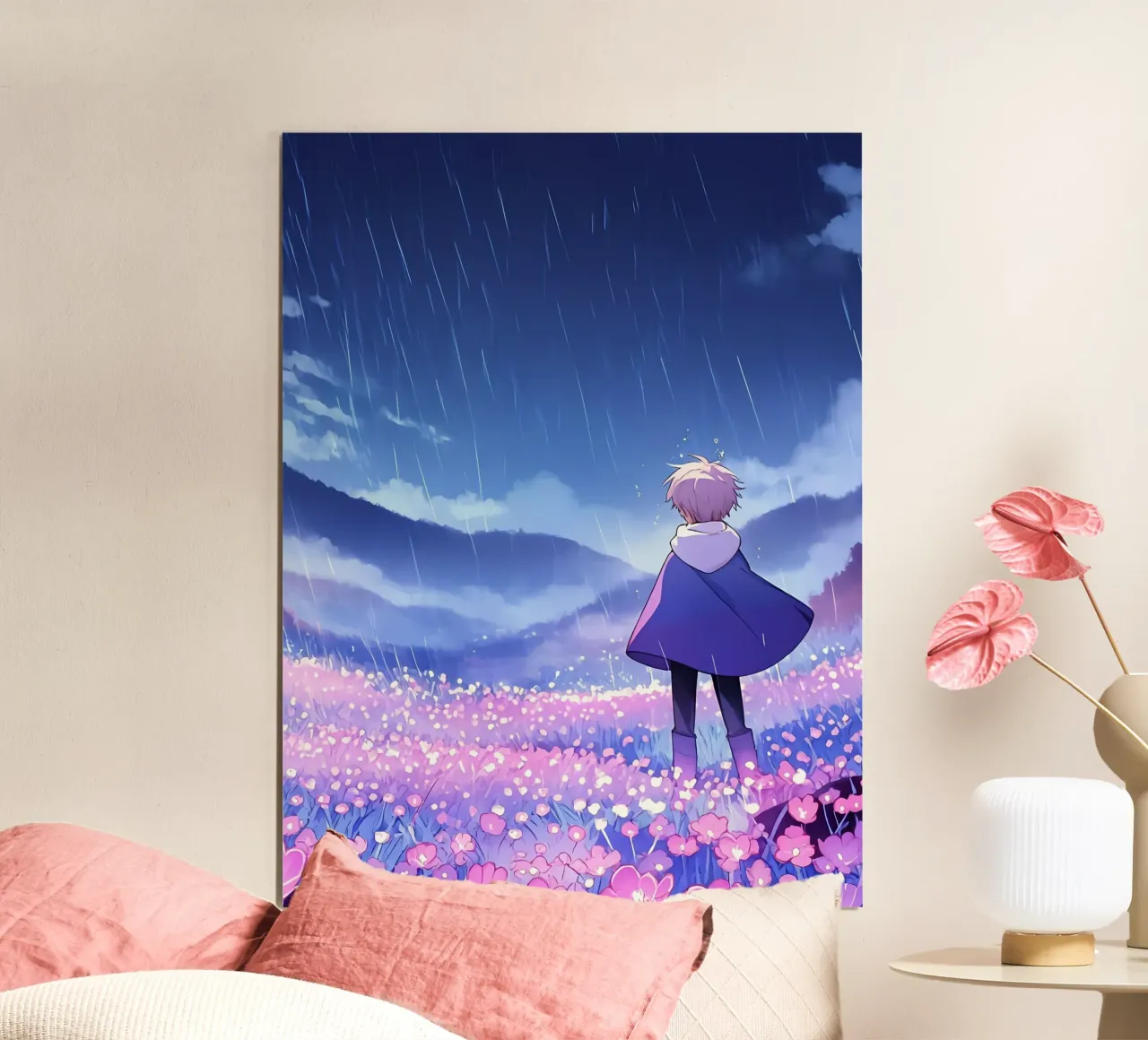 Un garçon marchant dans un champ de fleurs lumineuses Lofi Art hahnemühle de LoFi Gallery