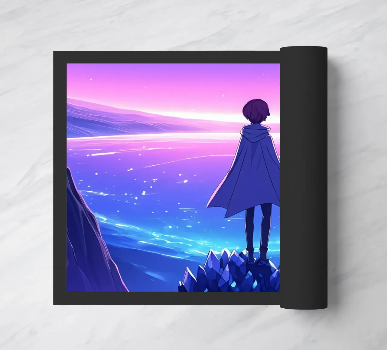 Una persona in piedi su una montagna di cristallo Lofi Art zerbino da LoFi Gallery