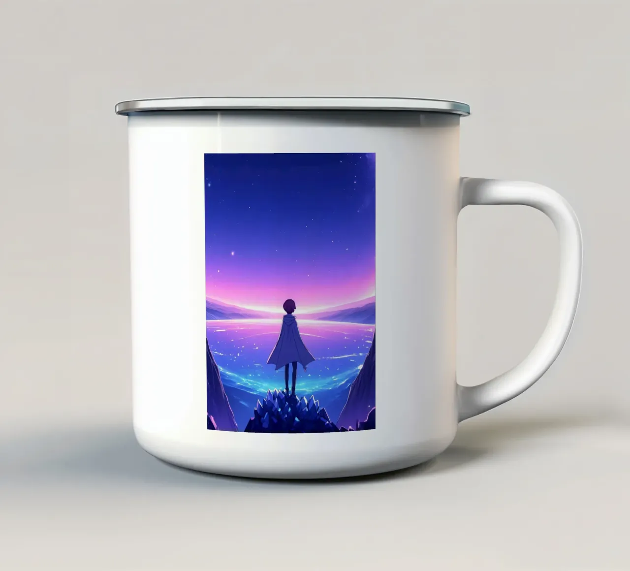 Una persona in piedi su una montagna di cristallo Lofi Art tazza in smalto da LoFi Gallery