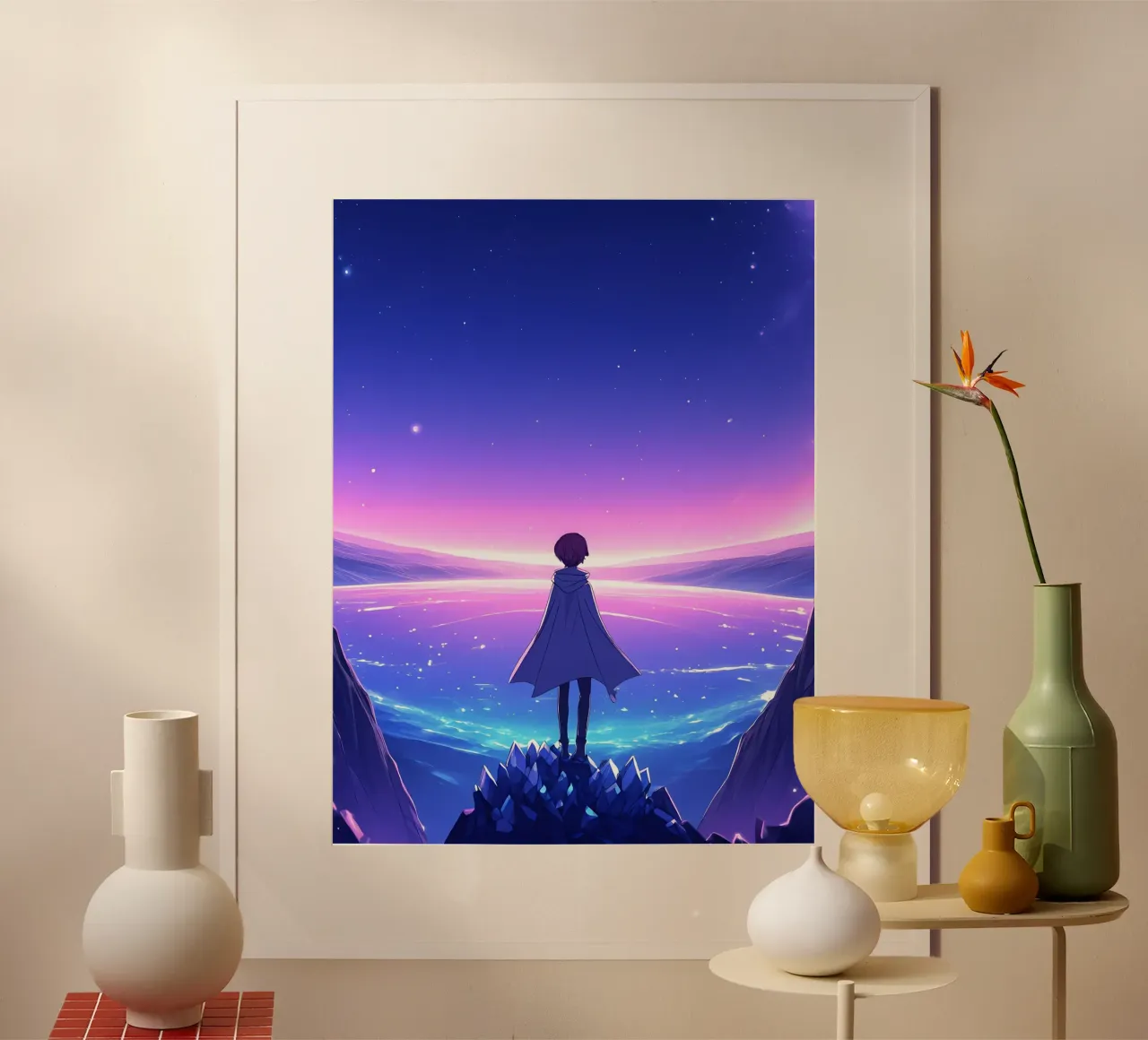 Una persona in piedi su una montagna di cristallo Lofi Art poster con telaio in legno da LoFi Gallery