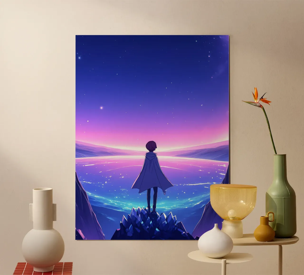 Una persona in piedi su una montagna di cristallo Lofi Art poster con telaio in legno da LoFi Gallery