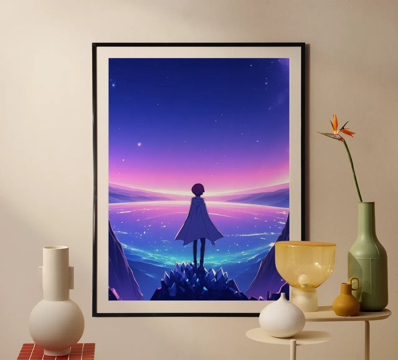 Una persona in piedi su una montagna di cristallo Lofi Art poster con telaio in legno da LoFi Gallery