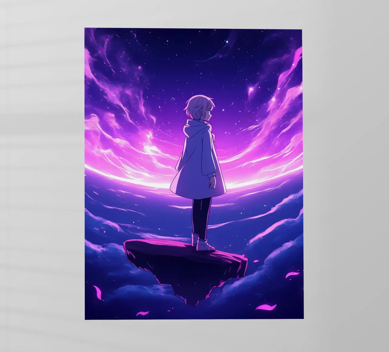 Una ragazza in piedi su un'isola galleggiante nel mondo dei sogni Lofi Art pellicola backlit da LoFi Gallery