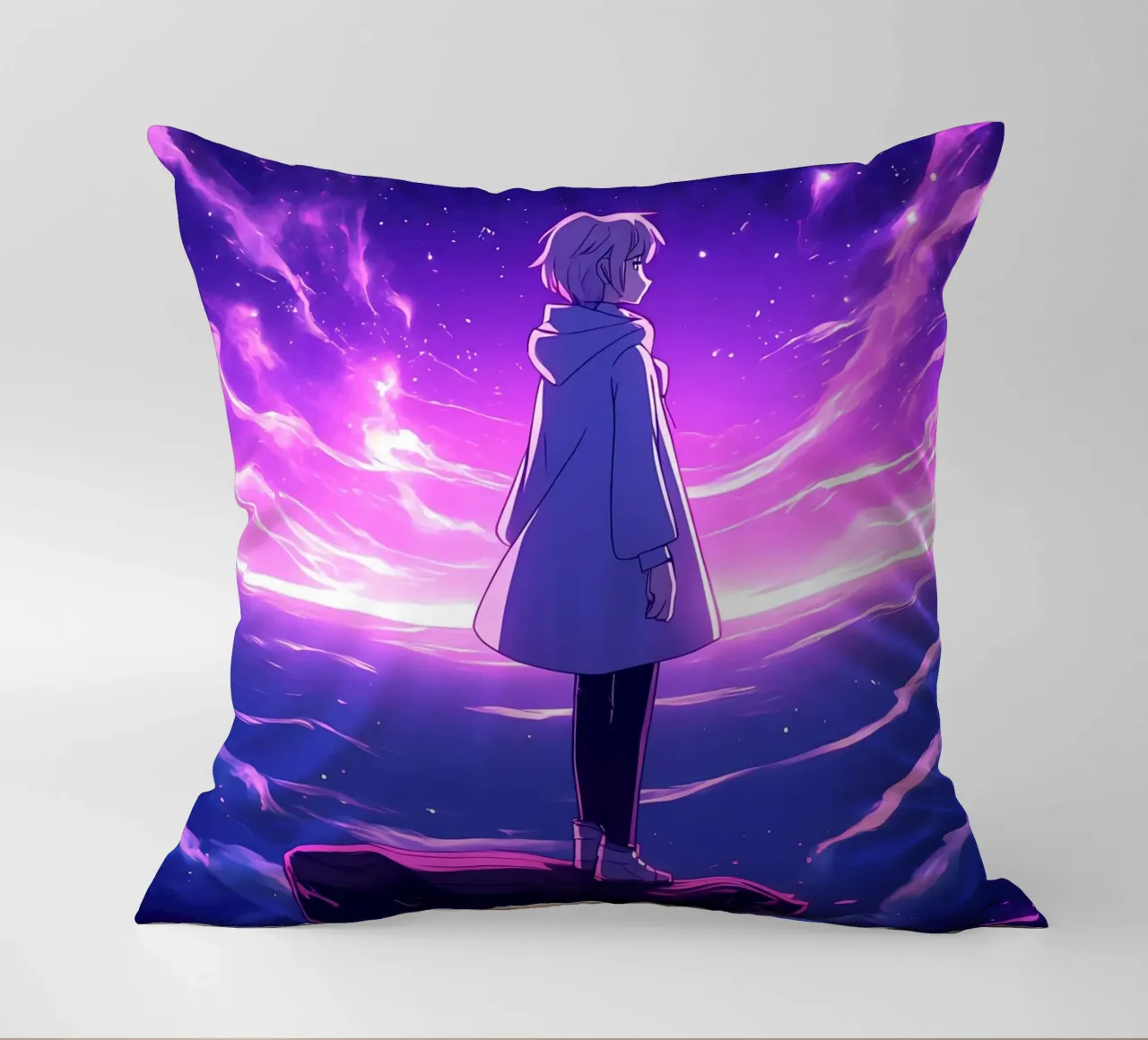 Una ragazza in piedi su un'isola galleggiante nel mondo dei sogni Lofi Art cuscino da LoFi Gallery