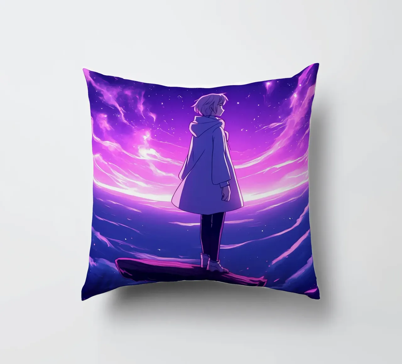 Una ragazza in piedi su un'isola galleggiante nel mondo dei sogni Lofi Art cuscino da LoFi Gallery