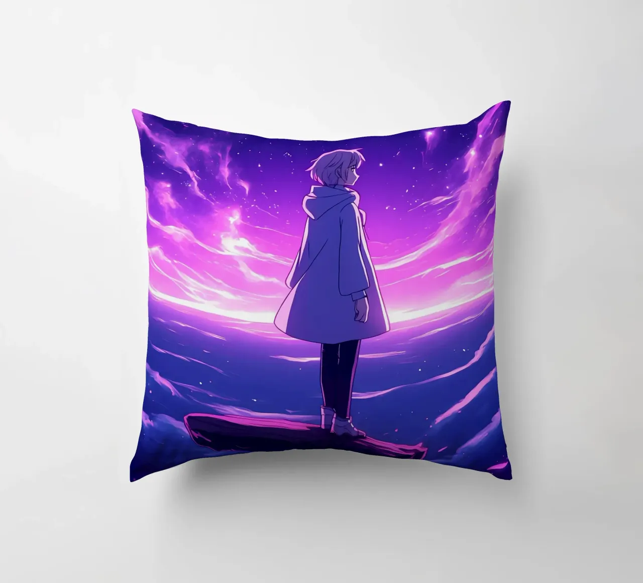 Una ragazza in piedi su un'isola galleggiante nel mondo dei sogni Lofi Art cuscino da LoFi Gallery