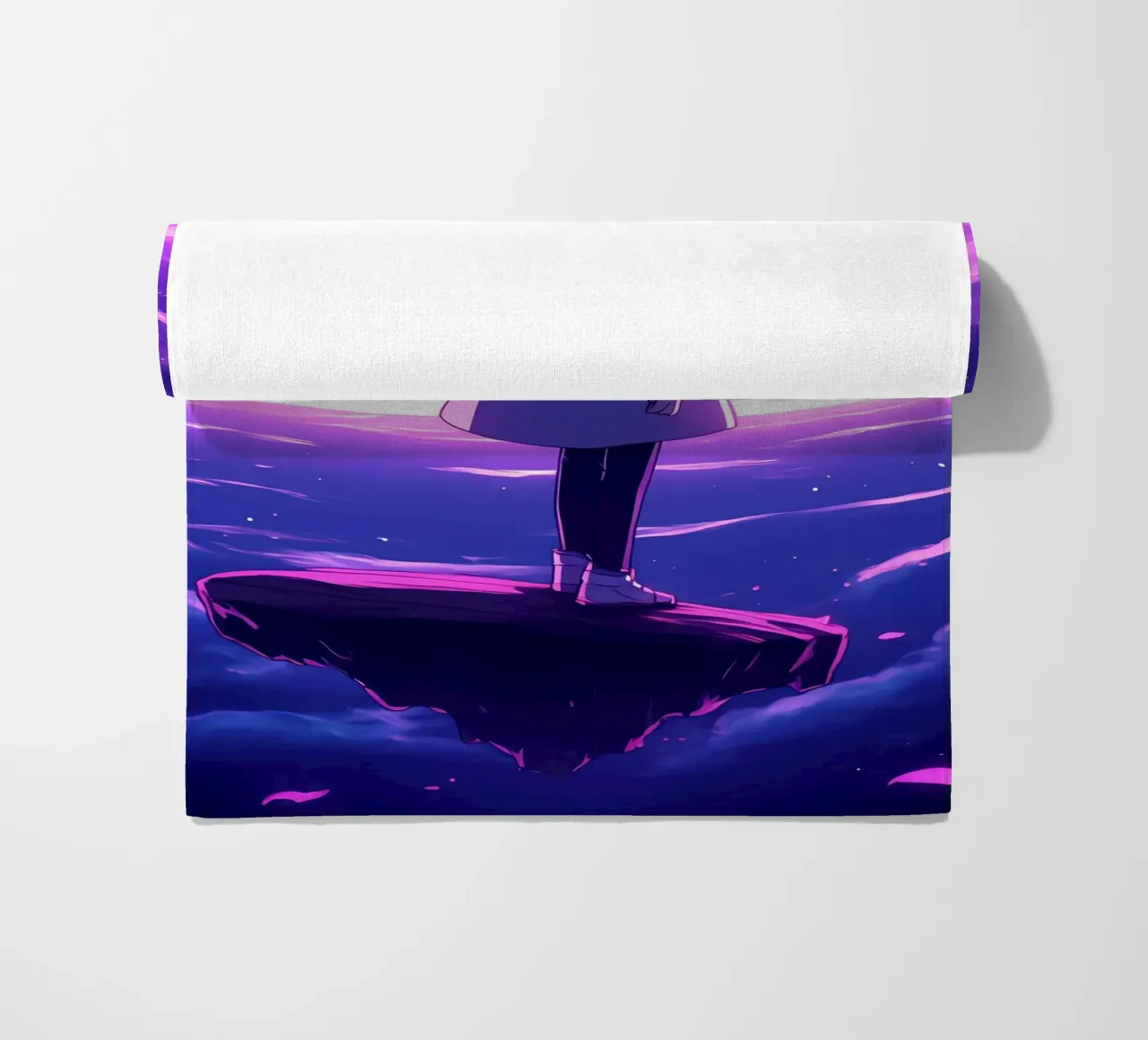 Una ragazza in piedi su un'isola galleggiante nel mondo dei sogni Lofi Art telo mare da LoFi Gallery