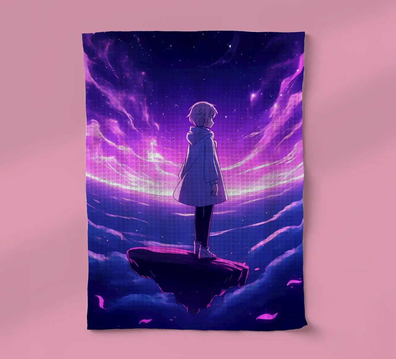 A Girl Standing On A Floating Island In Dreamland Lofi Art tea towel by LoFi Gallery