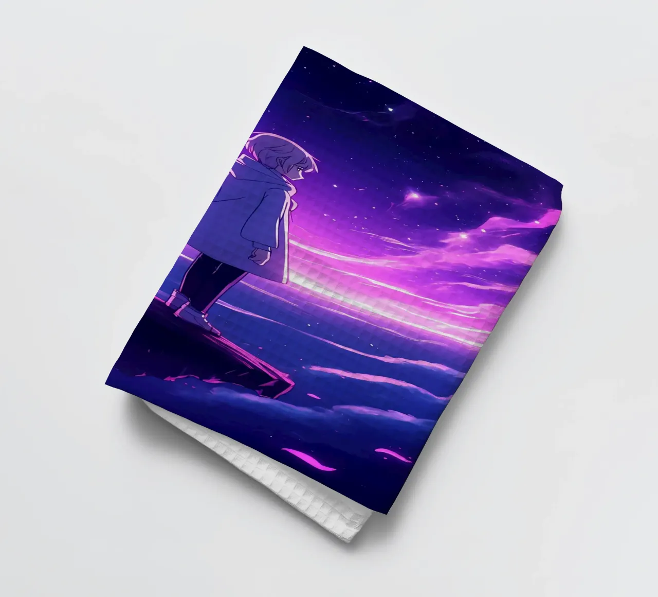 A Girl Standing On A Floating Island In Dreamland Lofi Art tea towel by LoFi Gallery
