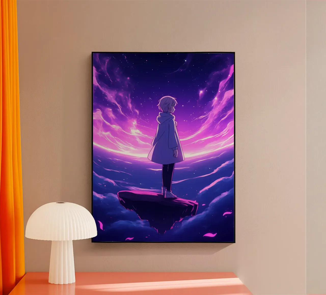 Una ragazza in piedi su un'isola galleggiante nel mondo dei sogni Lofi Art plexiglass da LoFi Gallery