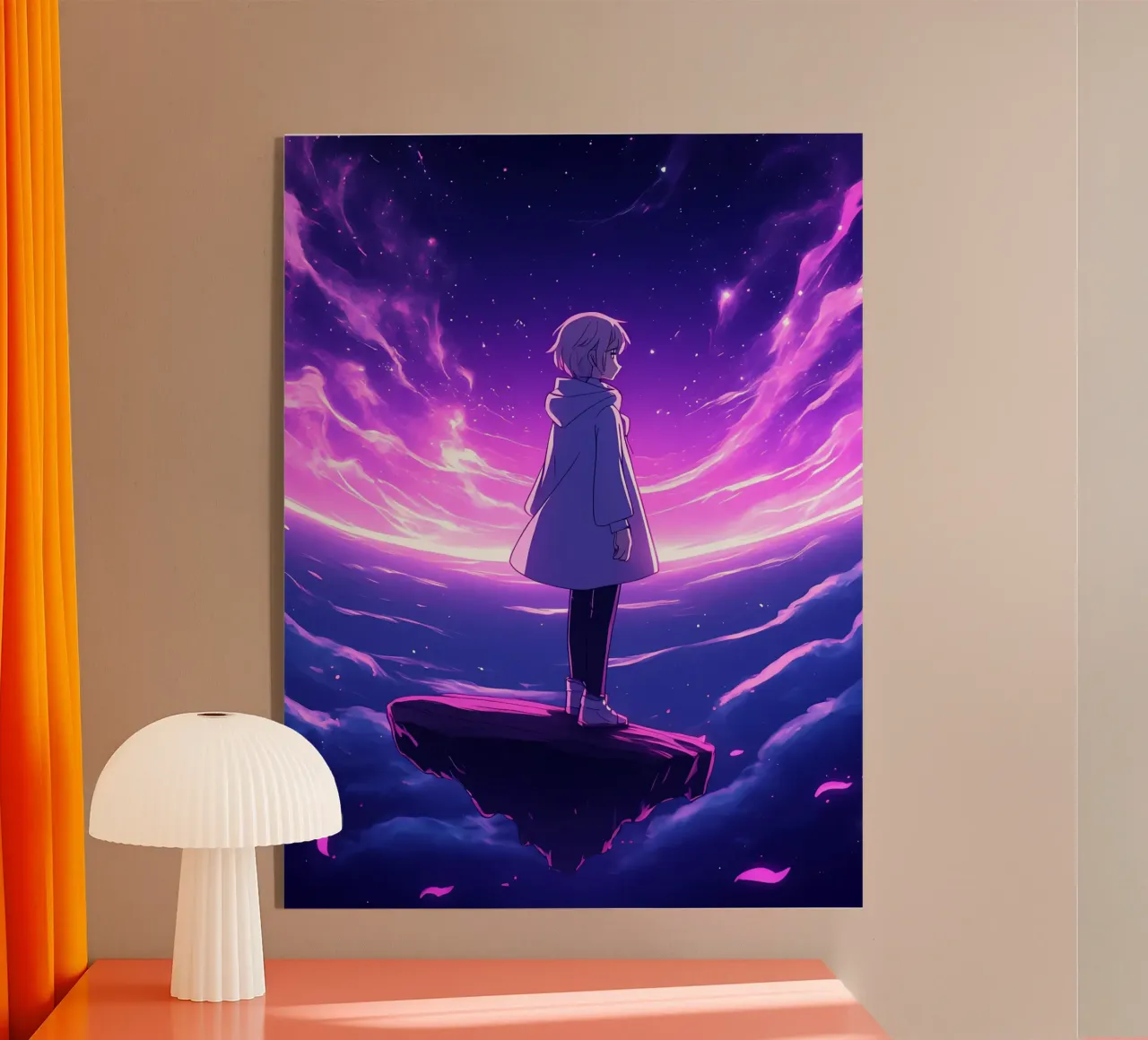 Una ragazza in piedi su un'isola galleggiante nel mondo dei sogni Lofi Art plexiglass da LoFi Gallery
