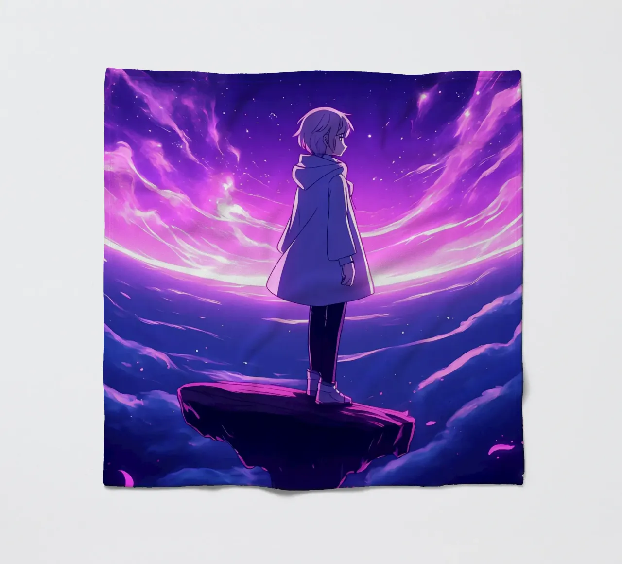 Ein Mädchen, das auf einer schwimmenden Insel im Traumland steht Lofi Art Fleecedecke von LoFi Gallery