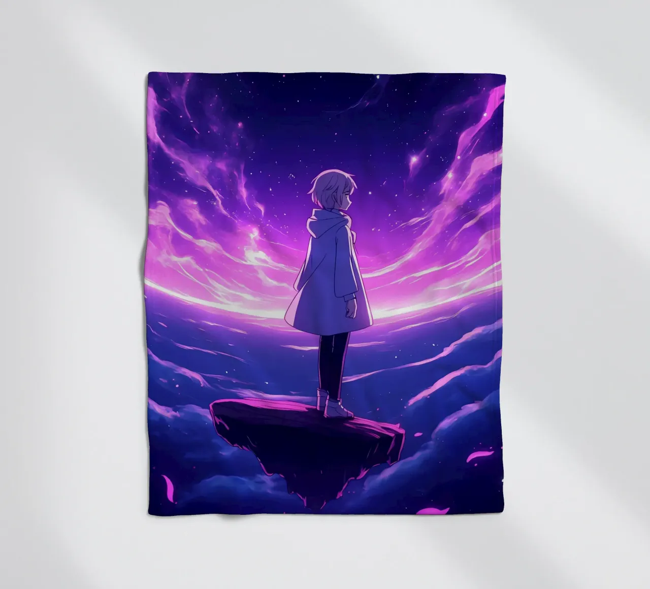 Ein Mädchen, das auf einer schwimmenden Insel im Traumland steht Lofi Art Fleecedecke von LoFi Gallery
